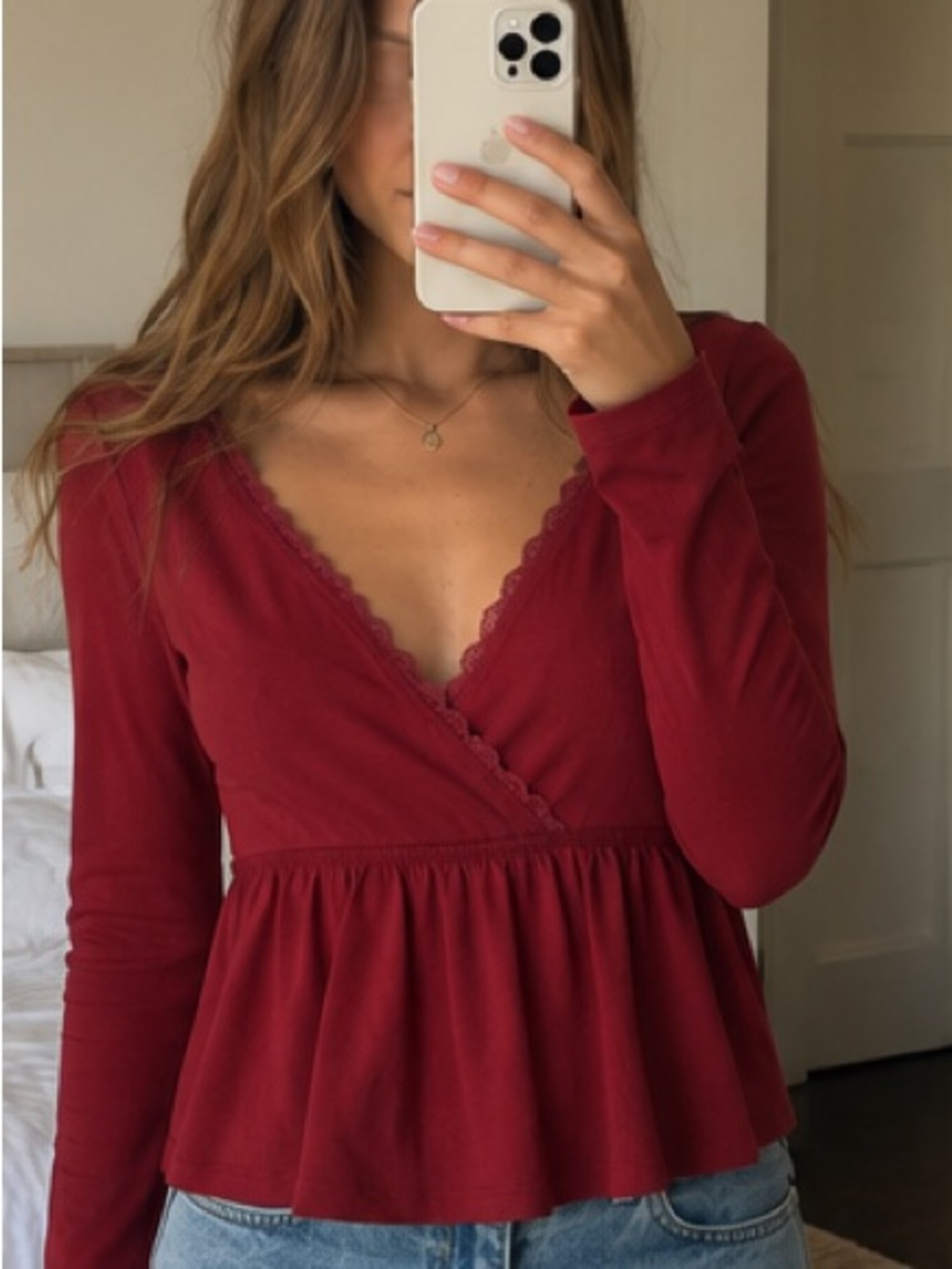 Women's Long-Sleeve V-Neck Peplum Top in Burgundy - Picture 3 of 5